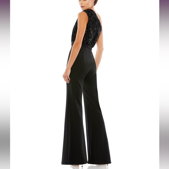 Black Sparkly One Shoulder Satin Mac Duggal Jumpsuit. Fun, fun , fun Size 14 - Picture 2 of 11